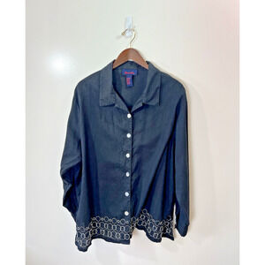 Denim & Co Women’s Linen Embroidered Button Up Shirt Sz 2X Black Coastal Classic
